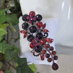 Vintage Silver with Red and Purple Fuschia Floral Flower Brooch Pin